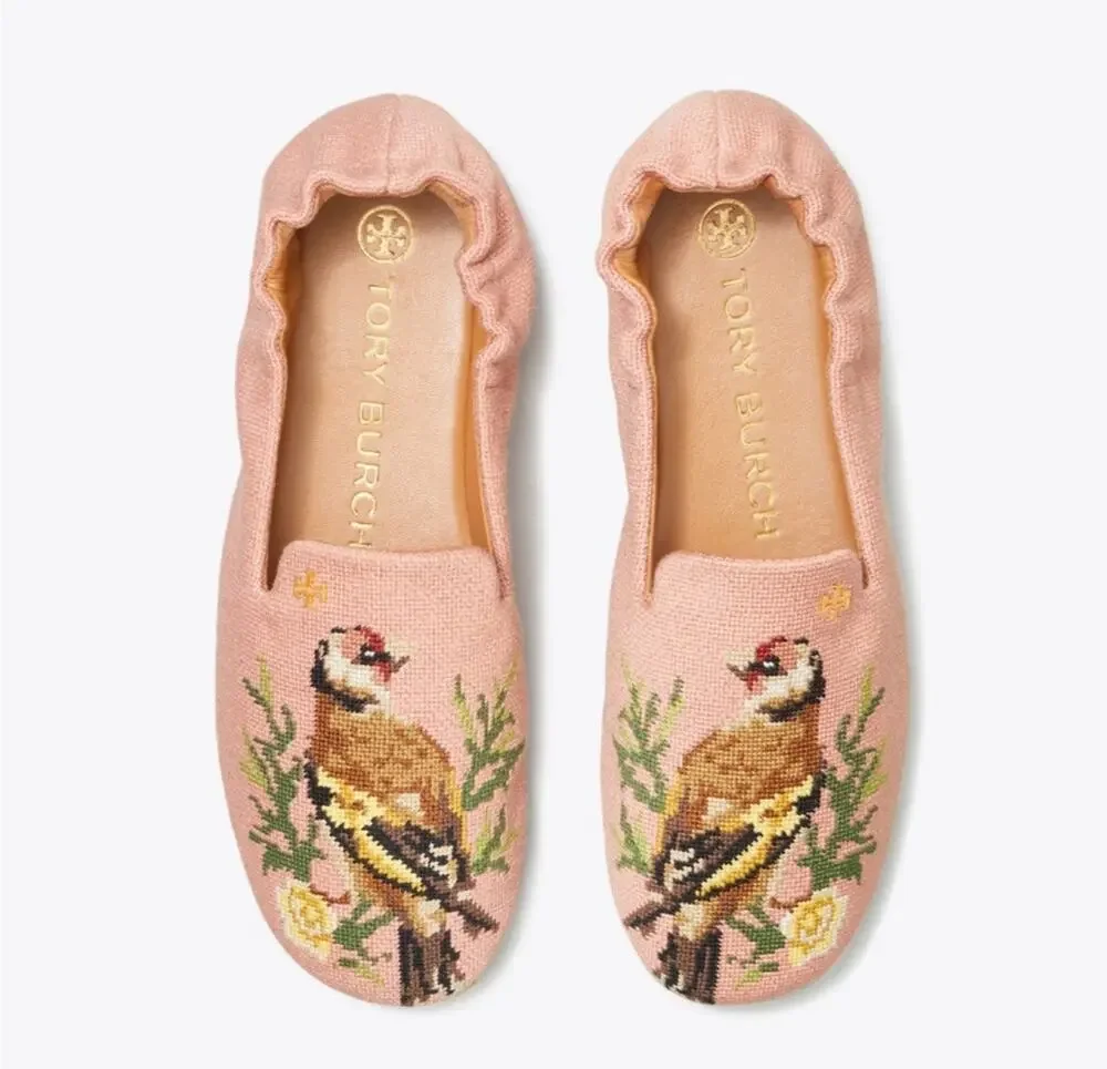 TORY BURCH Soft Smoking Slipper Pink Needlepoint Bird and Floral Motif 7.5 ~ New
